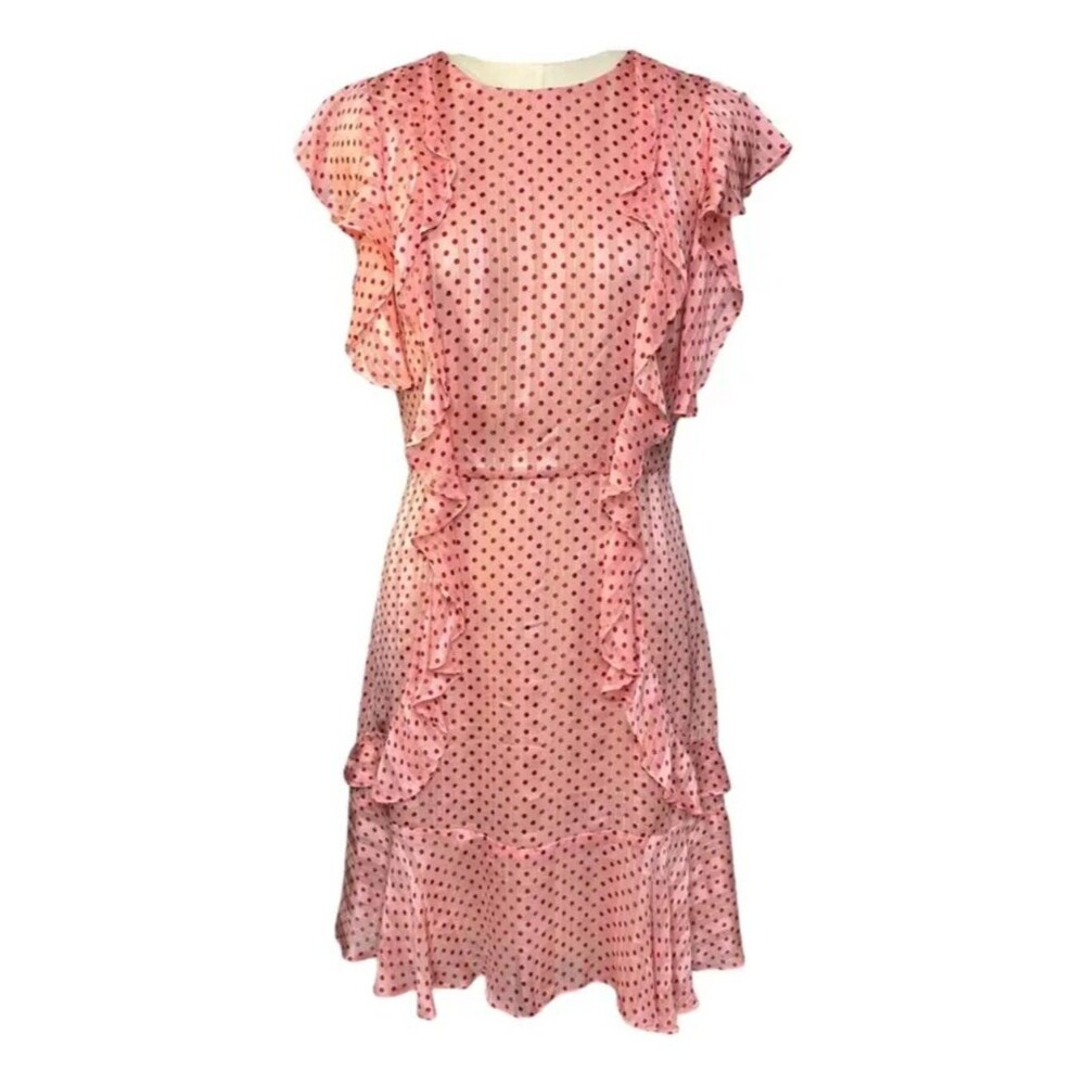 Monique Lhullier Chiffon Mini Dress Pink w/ Red Polka Dots Retro Dainty Ruffles - Picture 7 of 11